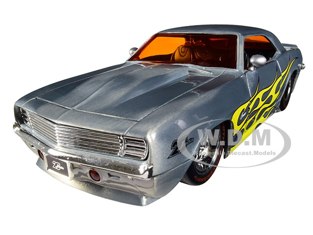 1969 Chevrolet Camaro Raw Metal with Yellow Flames "Bigtime Muscle" "Jada 20th Anniversary" 1/24 Diecast Model Car by Jada diecast model
