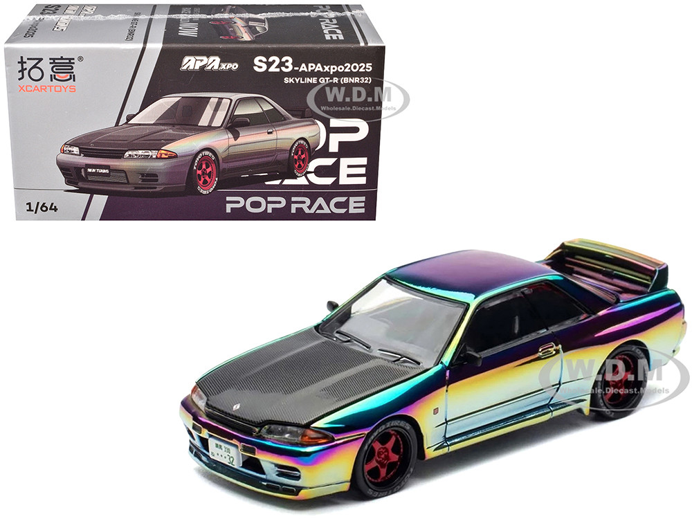 Skyline GT-R (BNR32) RHD (Right Hand Drive) Chameleon Chrome with Carbon Hood "APA XPO 2025 Exclusive 1/64 Diecast Model Car by Pop Race diecast model