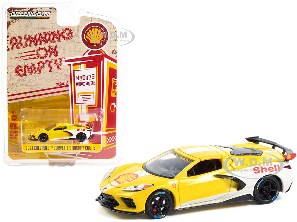 2021 Chevrolet Corvette C8 Stingray Coupe "Shell Oil" Yellow and White "Running on Empty" Series 13 1/64 Diecast Model Car by Greenlight diecast model