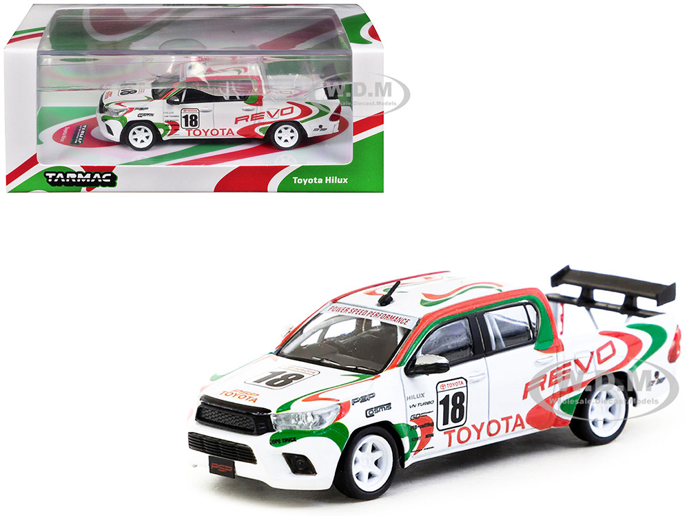 Toyota Hilux Pickup Truck RHD (Right Hand Drive) #18 White with Red and Green Graphics "Hobby64" Series 1/64 Diecast Model Car by Tarmac Works diecast model