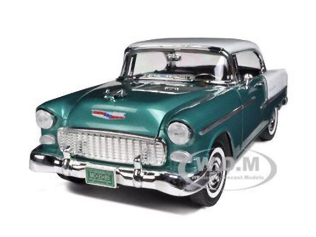 1955 Chevrolet Bel Air Hard Top Green Metallic and White 1/18 Diecast Model Car by Motormax diecast model