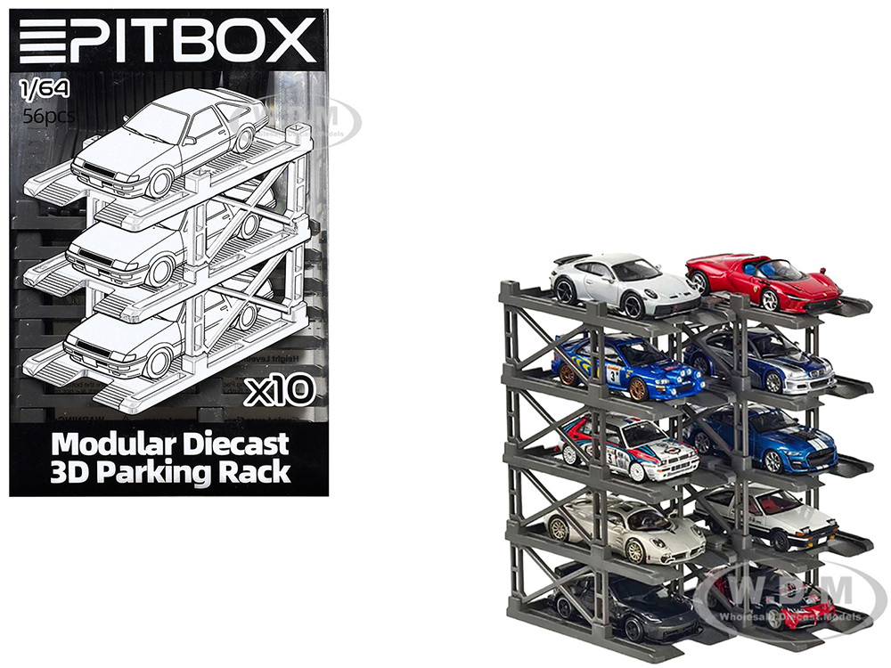 Modular Diecast 3D Parking Rack Display Stand Set of 10 Racks for 1/64 Scale Model Cars by Pitbox diecast model
