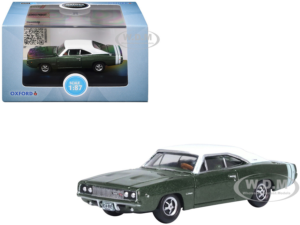 1968 Dodge Charger Racing Green Metallic with White Top and Tail Stripe 1/87 (HO) Scale Diecast Model Car by Oxford Diecast diecast model