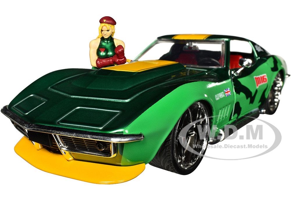 1969 Chevrolet Corvette Stingray ZL1 Green Metallic with Yellow Stripes and Cammy Diecast Figure "Street Fighter" Video Game "Anime Hollywood Rides" Series 1/24 Diecast Model Car by Jada diecast model
