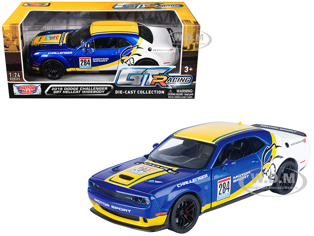 2018 Dodge Challenger SRT Hellcat Widebody #284 Blue Metallic and White with Yellow Graphics "GT Racing" Series 1/24 Diecast Model Car by Motormax diecast model