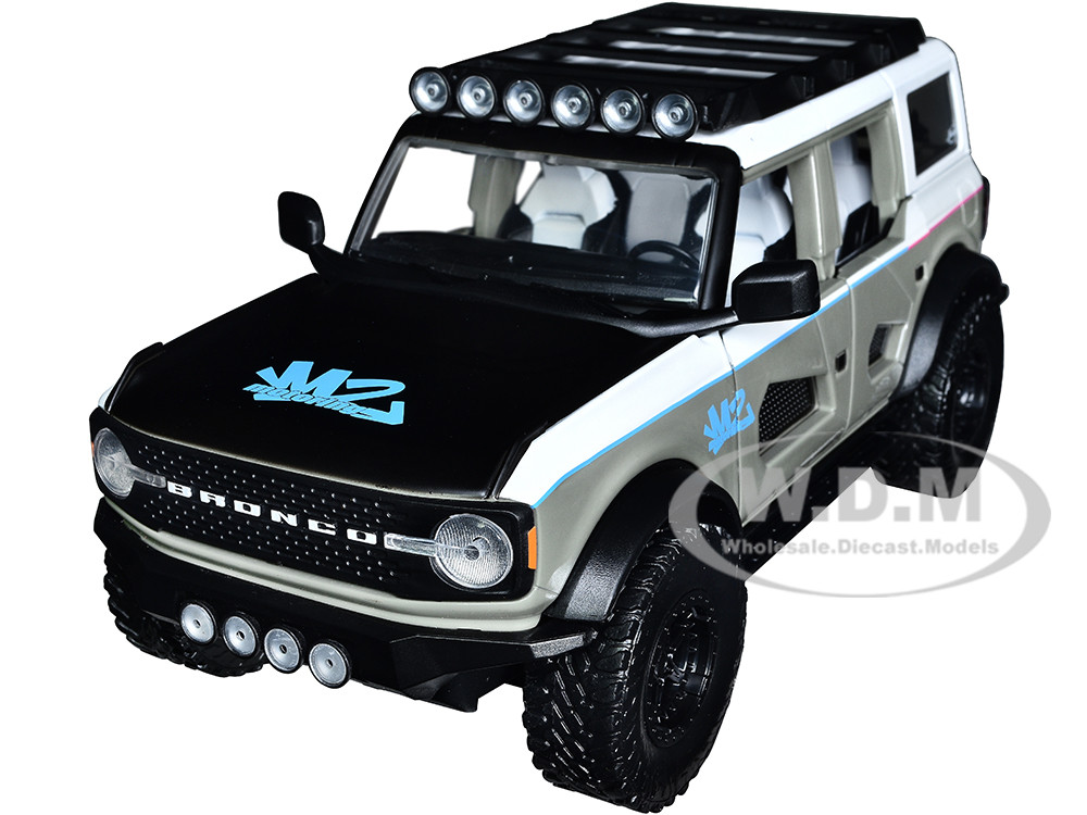 2021 Ford Bronco Gray and White with Matt Black Hood with Roof Rack "M2 Motoring" "Just Trucks" Series 1/24 Diecast Model Car by Jada diecast model