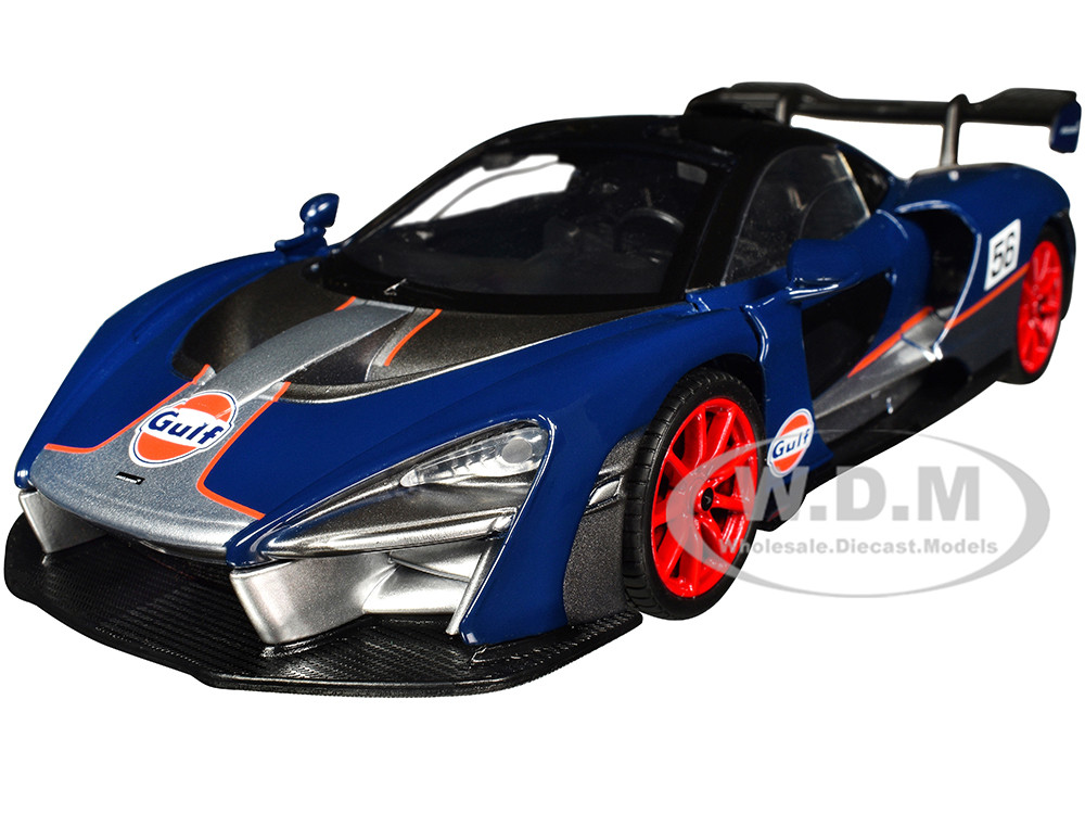 McLaren Senna #56 Dark Blue and Silver with Orange Stripes "Gulf Oil" "Gulf Die-Cast Collection" 1/24 Diecast Model Car by Motormax diecast model