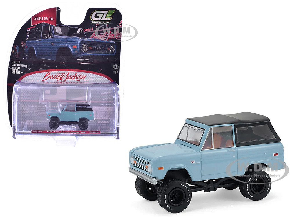 1972 Ford Bronco Custom SUV Light Blue with Black Top "Barrett-Jackson" Series 16 1/64 Diecast Model Car by Greenlight diecast model