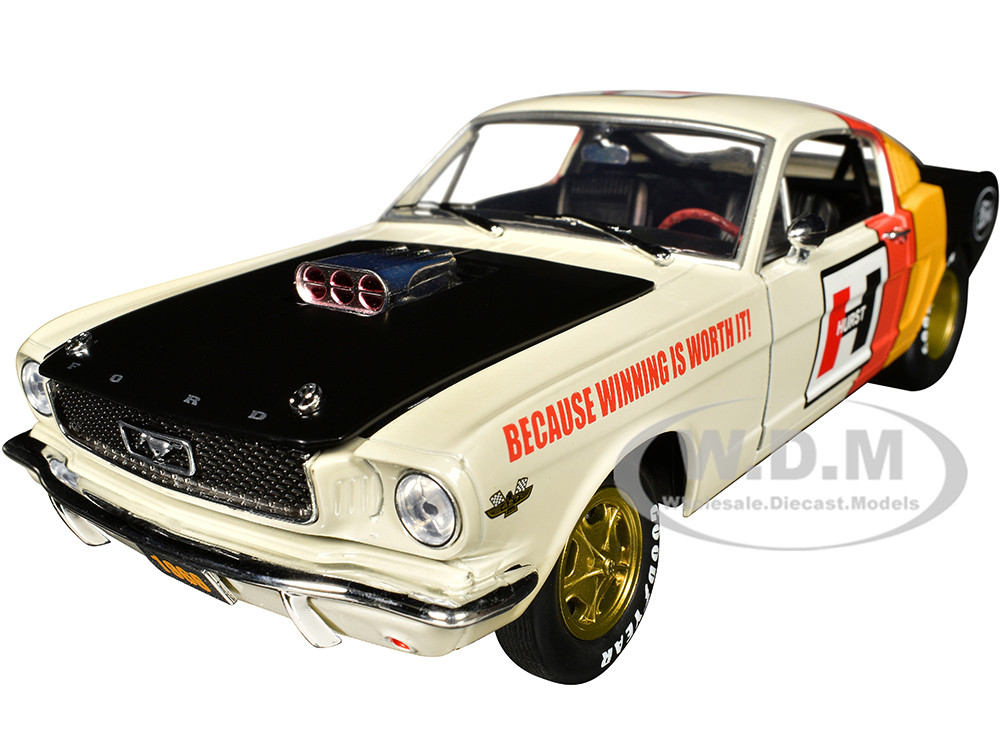 1966 Ford Mustang Fastback 2+2 Off White and Black with Red and Yellow Stripes "Hurst Shifters" Limited Edition to 6000 pieces Worldwide 1/24 Diecast Model Car by M2 Machines diecast model