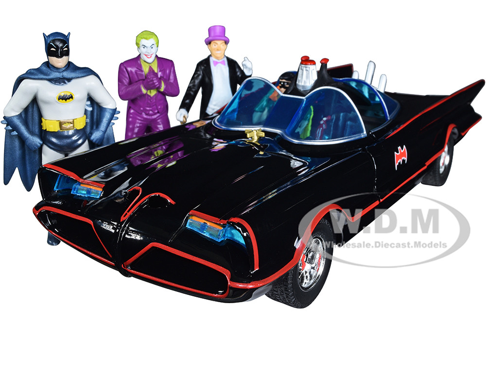 1966 Classic Batmobile with Diecast Batman, The Joker, The Penguin and Plastic Robin Sitting Inside The Car "Batman" TV Series (1966) "Hollywood Rides" Series 1/24 Diecast Model Car by Jada diecast model
