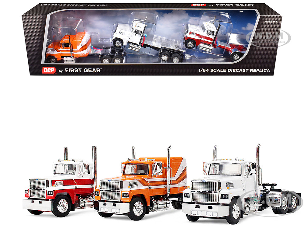 Ford LTL 9000 Trio Set (Two Day Cabs and One 60" Flat Top Sleeper) 1/64 Diecast Model by DCP/First Gear diecast model