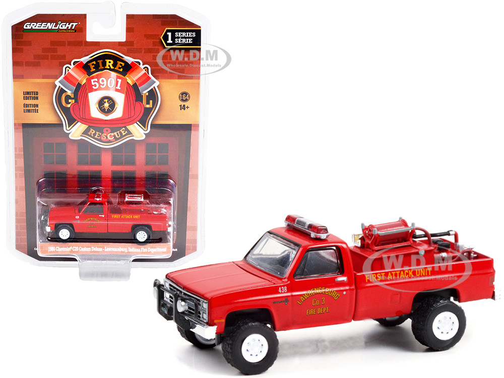 1986 Chevrolet C20 Custom Deluxe Pickup Truck Red First Attack Unit with Fire Equipment, Hose and Tank "Lawrenceburg Fire Department" (Indiana) "Fire & Rescue" Series 1 1/64 Diecast Model Car by Greenlight diecast model