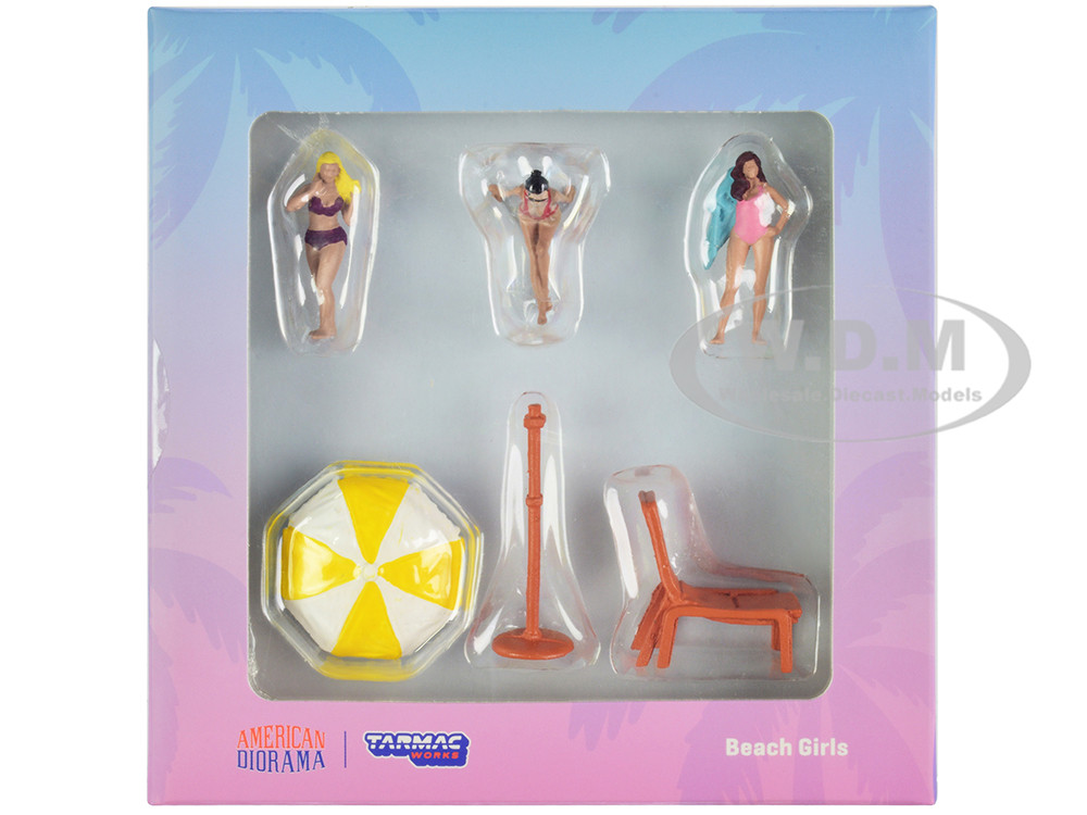 "Beach Girls" 5 piece Diecast Figure Set (3 Female Figures and 2 Beach Accessories) for 1/64 Scale Models by Tarmac Works & American Diorama diecast model