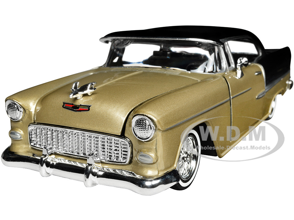1955 Chevrolet Bel Air Lowrider Hard Top Beige Metallic and Black "Get Low" Series 1/24 Diecast Car Model by Motormax diecast model