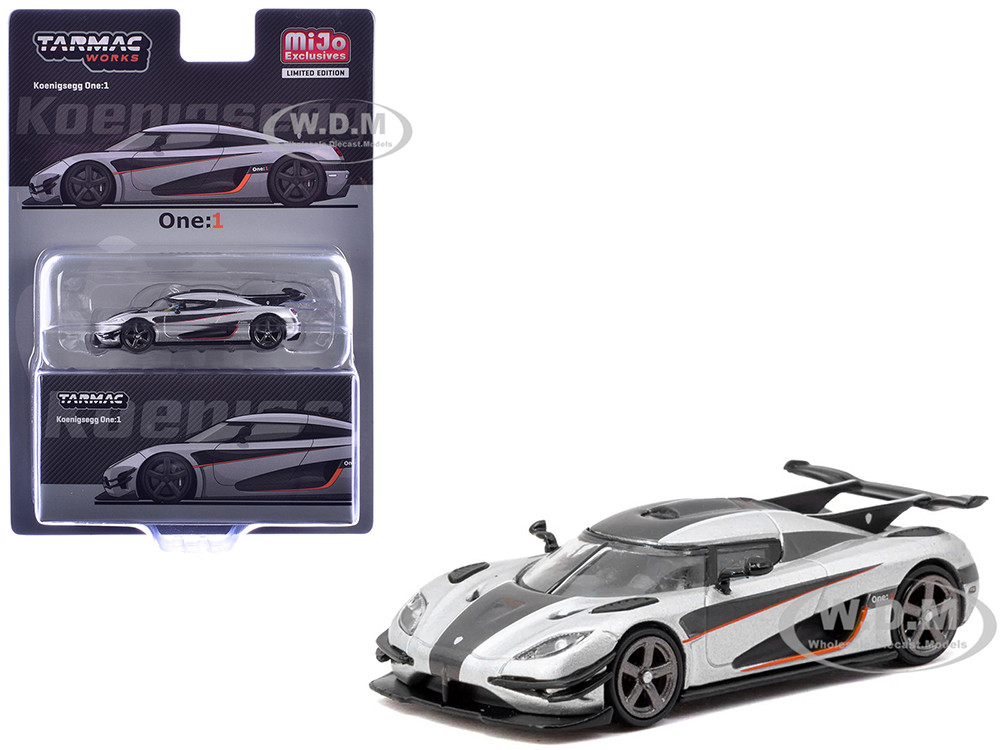 Koenigsegg One:1 Silver Metallic with Black Stripes "Global64" Series 1/64 Diecast Model by Tarmac Works diecast model