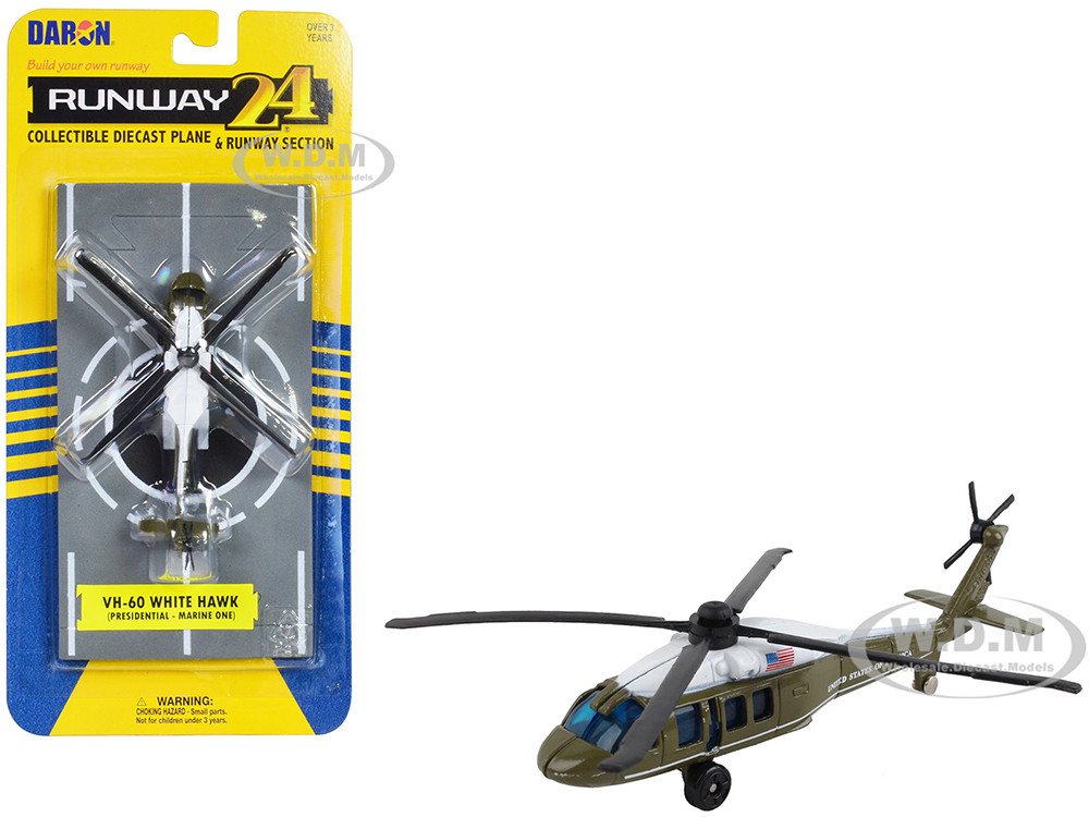 Sikorsky VH-60 White Hawk Helicopter Olive Drab with White Top "United States Presidential Helicopter - Marine One" with Runway Section Diecast Model by Runway24 diecast model