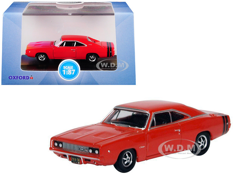 1968 Dodge Charger Bright Red with Black Stripes 1/87 (HO) Scale Diecast Model Car by Oxford Diecast diecast model