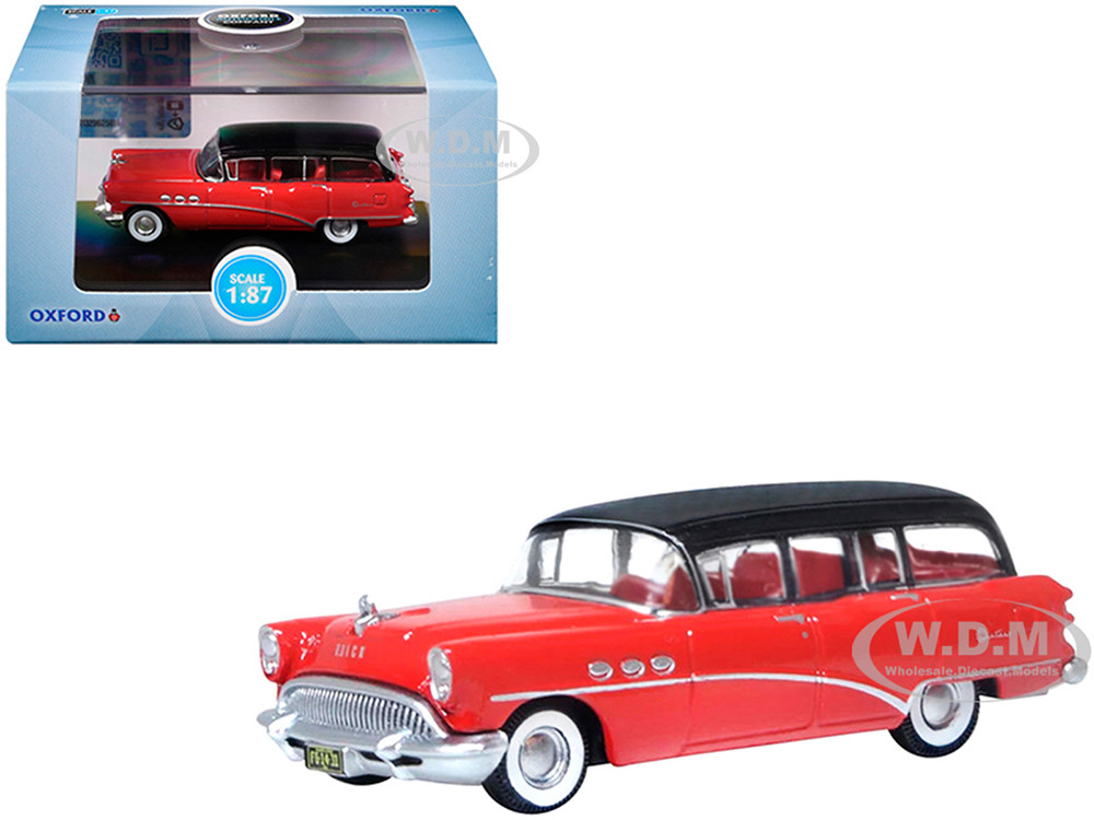 1954 Buick Century Estate Wagon Matador Red and Carlsbad Black with Red Interior 1/87 (HO) Scale Diecast Model Car by Oxford Diecast diecast model