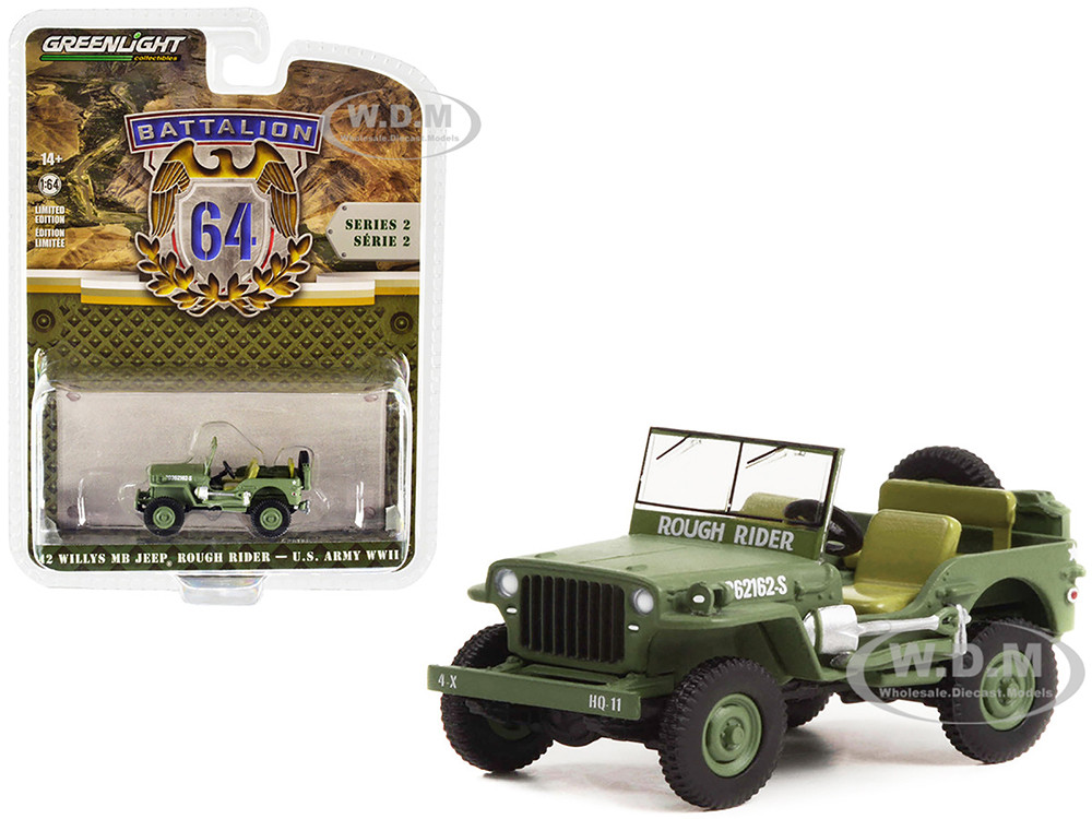 1942 Willys MB Jeep #20362162-S Green "U.S. Army World War II - Rough Rider" "Battalion 64" Release 2 1/64 Diecast Model Car by Greenlight diecast model