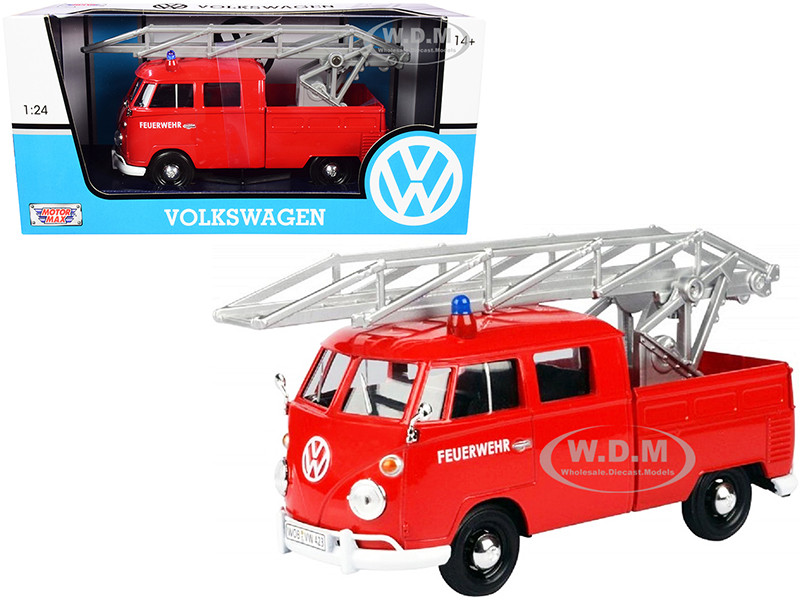 Volkswagen Type 2 (T1) Fire Truck with Aerial Ladder "Feuerwehr" Red 1/24 Diecast Model Car by Motormax diecast model