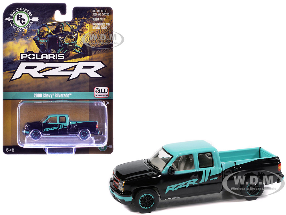 2006 Chevrolet Silverado Pickup Truck "Polaris RZR" Black and Blue "Big Country Collectibles" 2025 Series 1/64 Diecast Model Car by Auto World diecast model