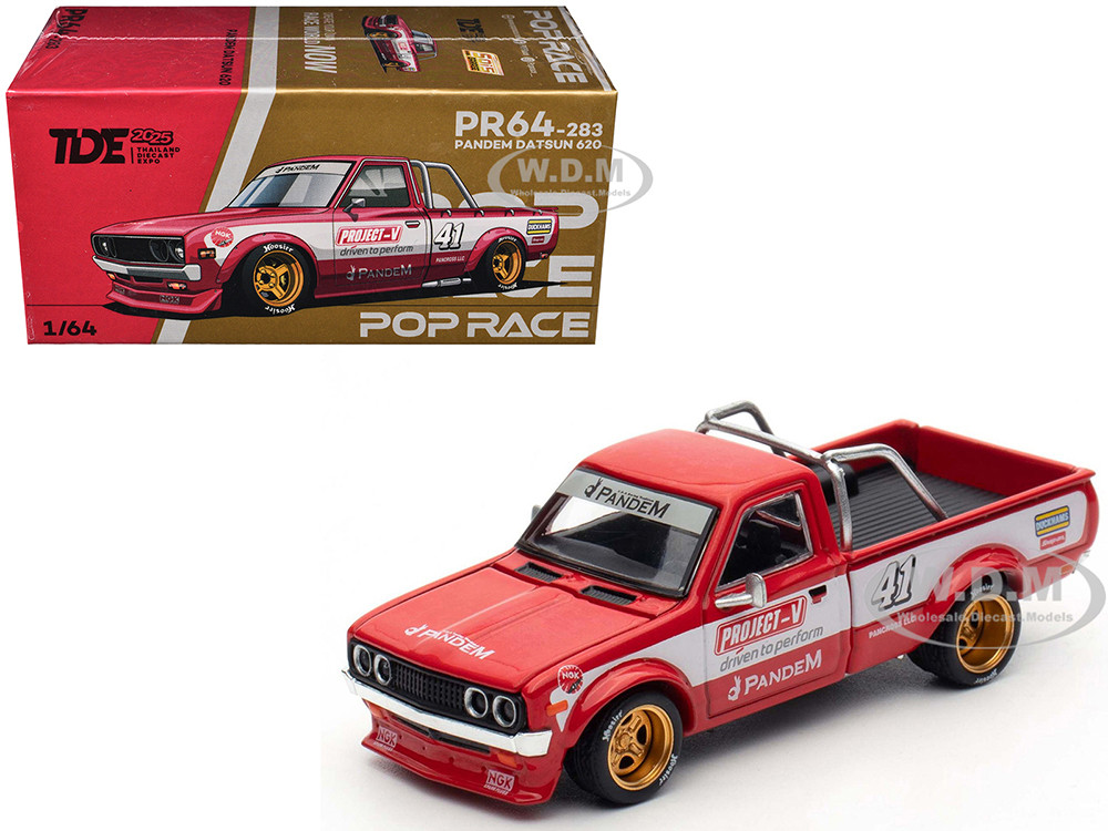Datsun Pandem 620 Pickup Truck #41 Red Metallic with White Stripes and Graphics "2025 Thailand Diecast Expo" 1/64 Diecast Model Car by Pop Race diecast model