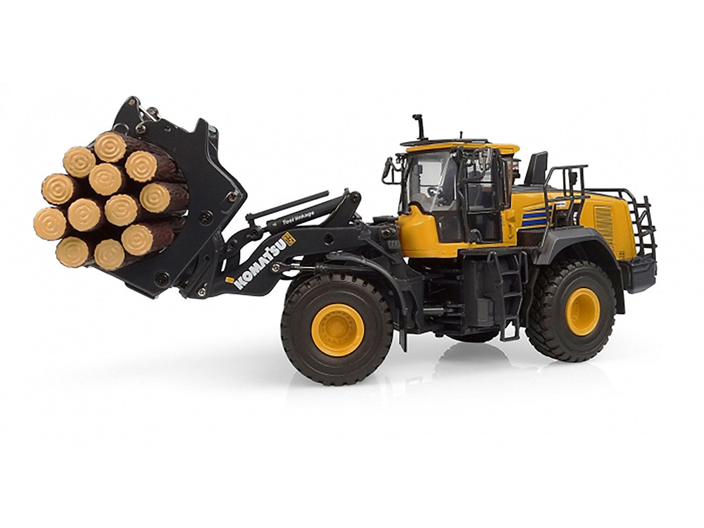 Komatsu WA475-10 Wheel Loader Yellow with Log Grapple and Log Accessories 1/50 Diecast Model by Universal Hobbies diecast model