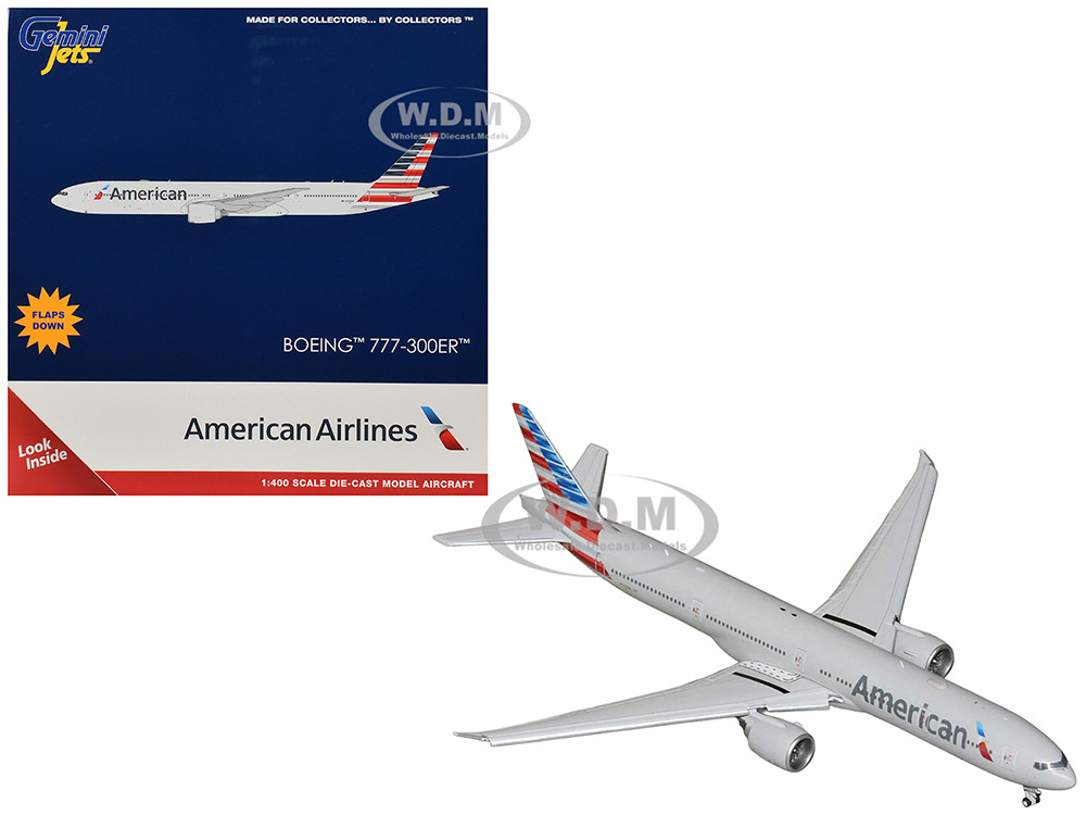 Boeing 777-300ER Commercial Aircraft with Flaps Down "American Airlines" (N722AN) Gray with Striped Tail 1/400 Diecast Model Airplane by GeminiJets diecast model