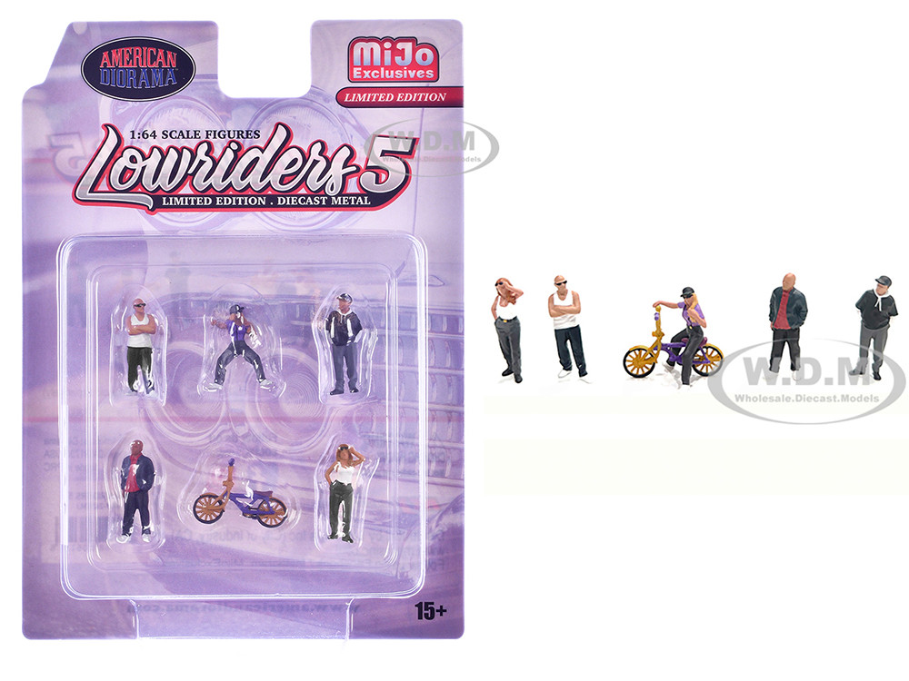 "Lowriders #5" 6 piece (5 People, 1 Bicycle) Diecast Figures Set 1/64 Scale Models by American Diorama diecast model