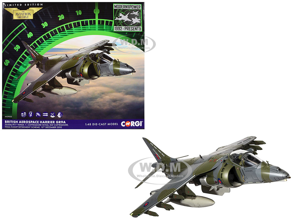 British Aerospace Harrier GR9A Aircraft "ZG506/P77, Ninja 1, RAF Cottesmore, Final Flight Retirement Scheme" (2010) Royal Air Force "The Aviation Archive" Series 1/48 Diecast Model by Corgi diecast model