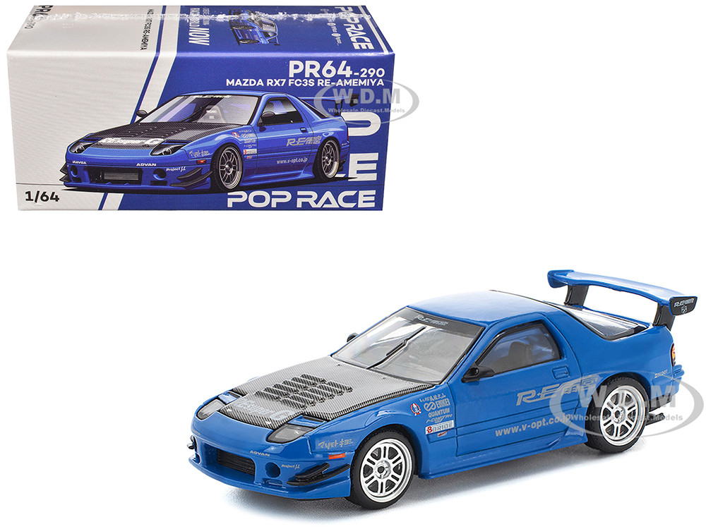 Mazda RX7 (FC3S) RE Amemiya RHD (Right Hand Drive) Blue Metallic with Carbon Hood 1/64 Diecast Model Car by Pop Race diecast model
