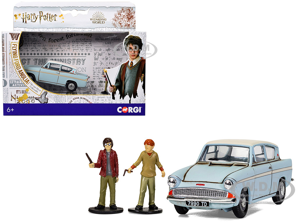 Flying Ford Anglia RHD (Right Hand Drive) Light Blue with White Top (Weathered) with Harry and Ron Figures "Harry Potter" Movie Series Diecast Model Car by Corgi diecast model