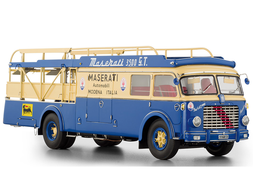 Fiat 642 RN2 Bartoletti Car Transporter "Maserati Racing" Blue and Cream 1/18 Diecast Model Car by CMC diecast model
