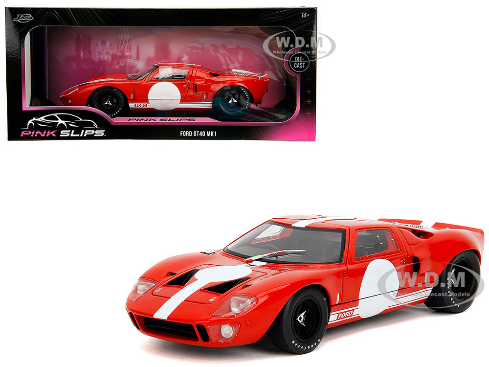 Ford GT40 MK1 Red with White Stripes and Graphics "Pink Slips" Series 1/18 Diecast Model Car by Jada diecast model