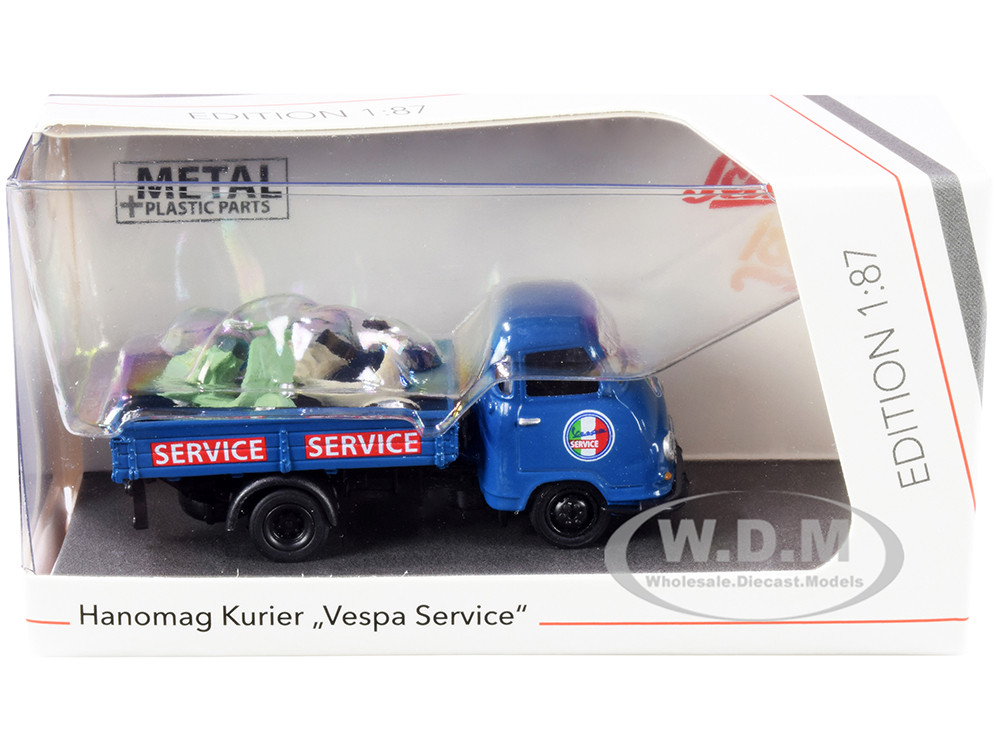 Hanomag Kurier Transporter "Vespa Service" Blue with 2 Vespas (Green and Cream) 1/87 (HO) Diecast Models by Schuco diecast model
