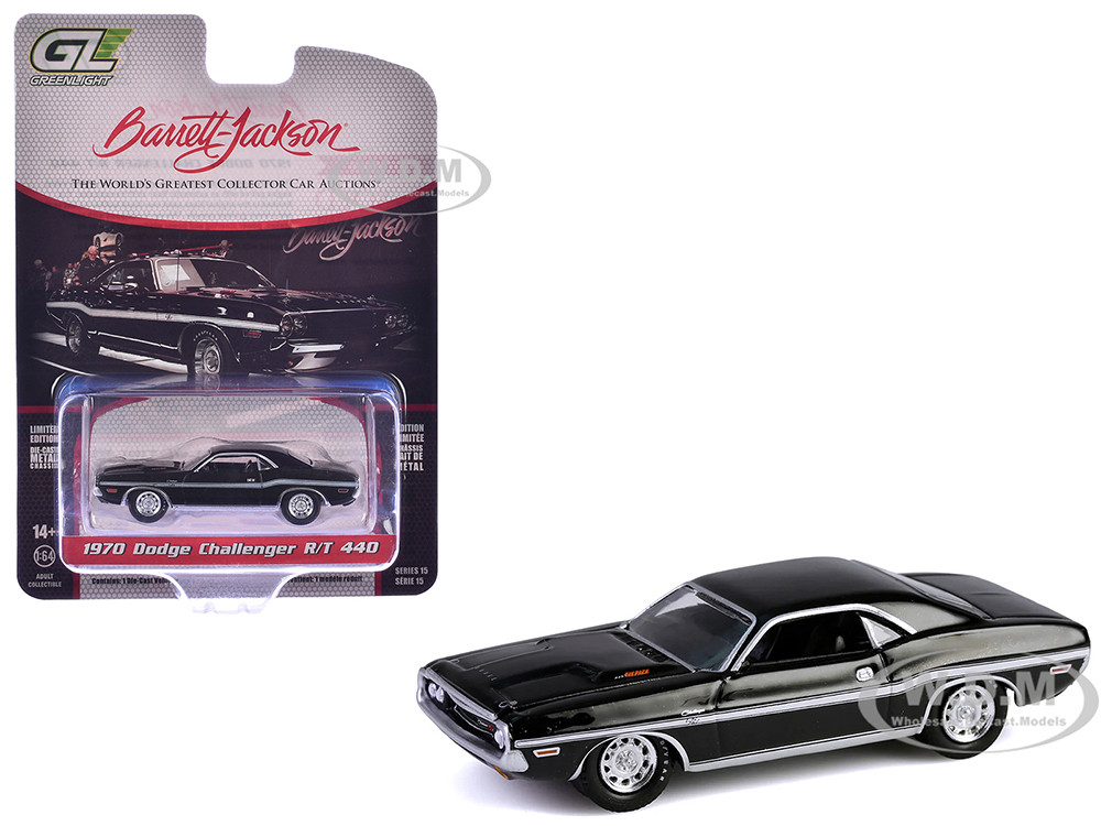 1970 Dodge Challenger R/T 440 Black with White Stripes "Barrett-Jackson" Series 15 1/64 Diecast Model Car by Greenlight diecast model