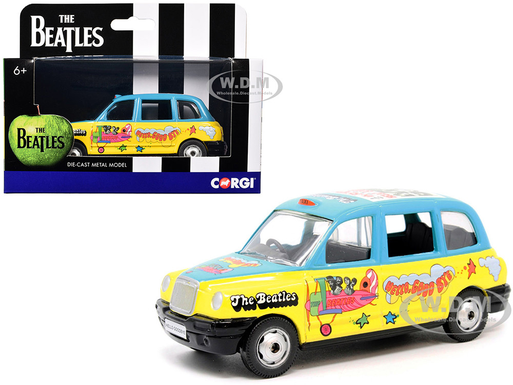 The Beatles London Taxi RHD (Right Hand Drive) "Hello, Goodbye" Blue and Yellow with Graphics Diecast Model Car by Corgi diecast model