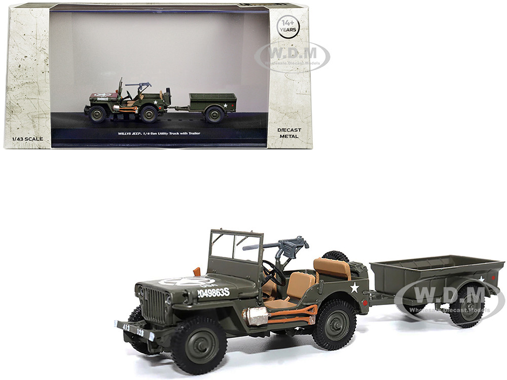 Willys Jeep 1/4-Ton Utility Truck Olive Drab with Trailer "United States Army" 1/43 Diecast Model by Militaria Die Cast diecast model