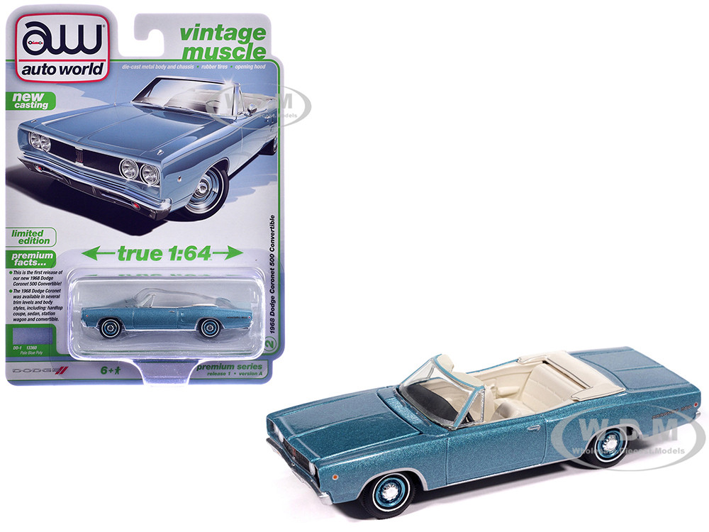 1968 Dodge Coronet 500 Convertible Pale Blue Metallic with White Interior "Vintage Muscle" Series 1/64 Diecast Model Car by Auto World diecast model