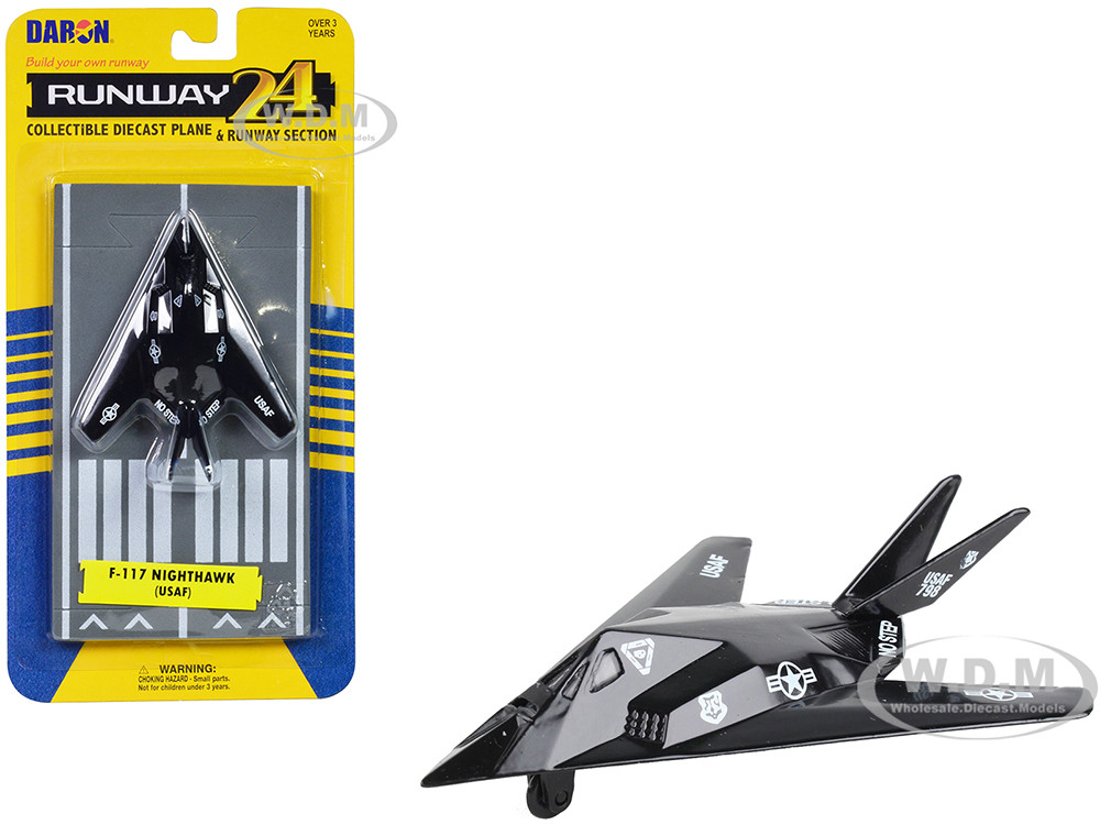 Lockheed F-117 Nighthawk Stealth Aircraft Black "United States Air Force" with Runway Section Diecast Model Airplane by Runway24 diecast model