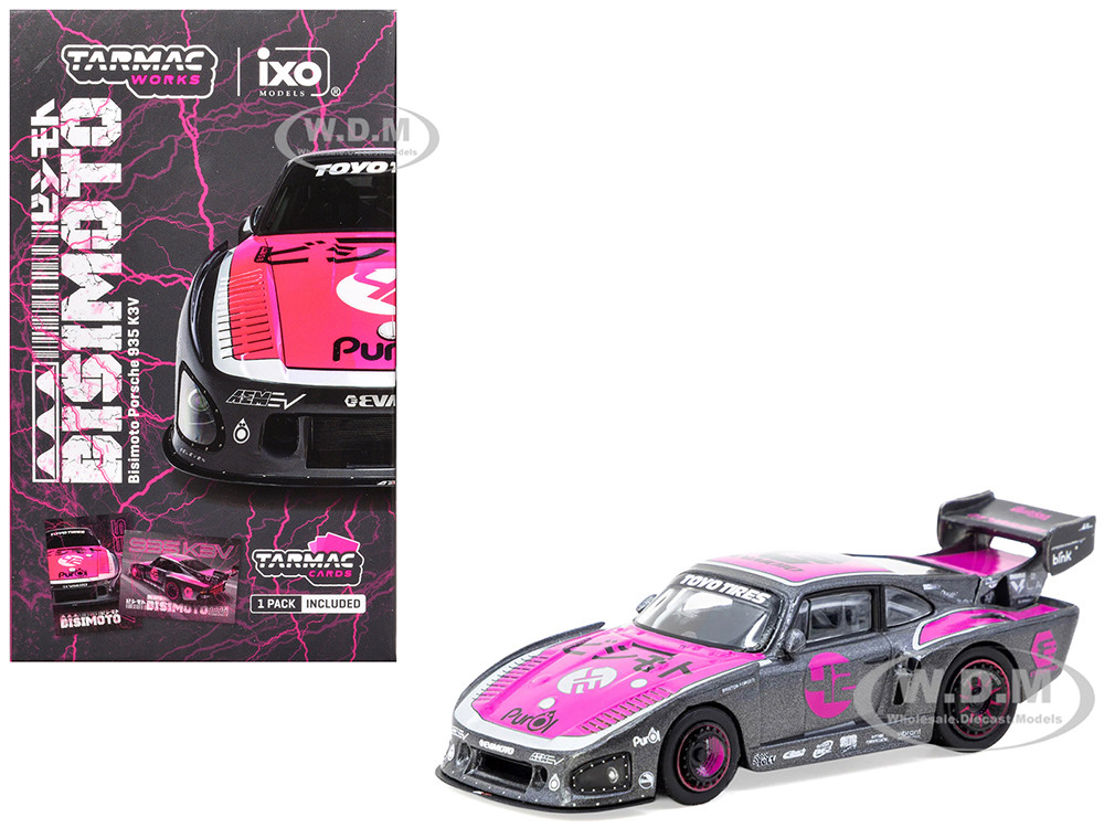 Porsche 935 K3V Bisimoto Gray Metallic with Pink Hood and Top with Tarmac Cards "Hobby64" Series 1/64 Diecast Model by Tarmac Works diecast model