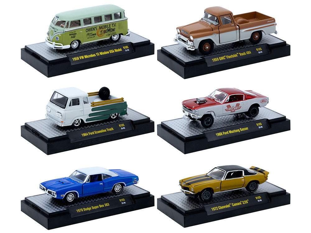 "Auto-Thentics" 6 piece Set Release 105 IN DISPLAY CASES Limited Edition 1/64 Diecast Model Cars by M2 Machines diecast model
