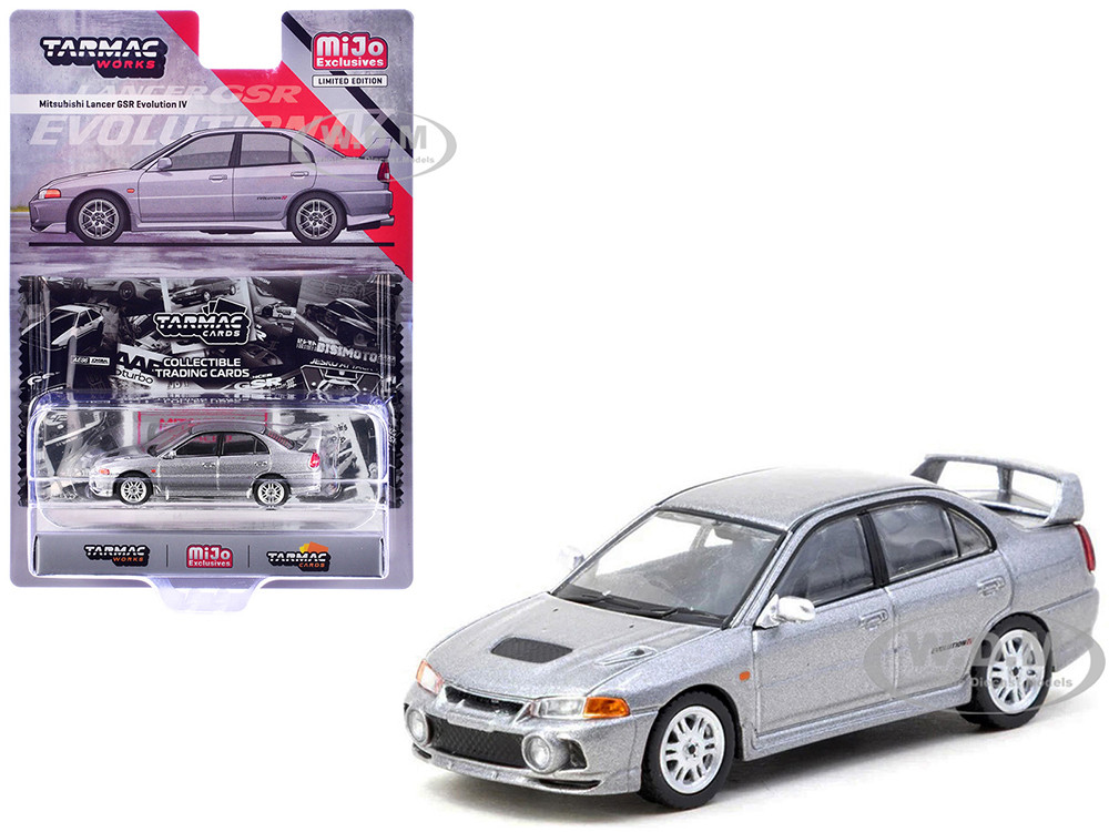 Mitsubishi Lancer Evolution IV Silver Metallic with Tarmac Cards "Global64" Series 1/64 Diecast Model by Tarmac Works diecast model