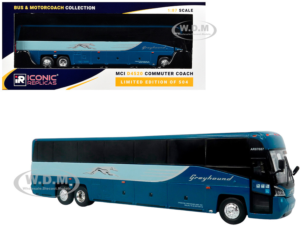 MCI D4520 Commuter Coach Bus "Greyhound Lines" Blue with Light Blue Stripes "The Bus & Motorcoach Collection" Limited Edition to 504 pieces Worldwide 1/87 (HO) Diecast Model by Iconic Replicas diecast model