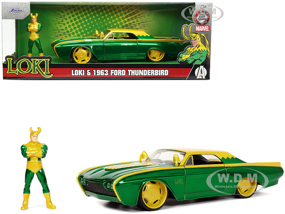 1963 Ford Thunderbird Green and Yellow Metallic with Hood Graphics and Loki Diecast Figure "Loki" "Marvel" Series 1/24 Diecast Model Car by Jada diecast model