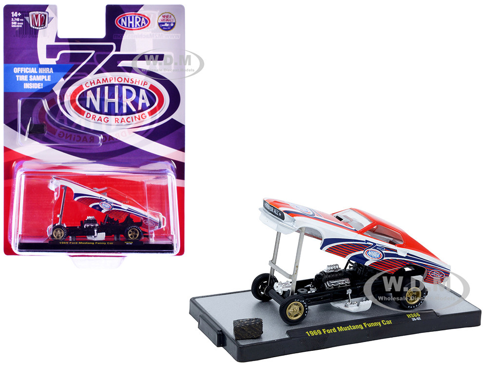 1969 Ford Mustang Funny Car "NHRA 75 Years" Red and White with Graphics Limited Edition to 3740 pieces Worldwide 1/64 Diecast Model Car by M2 Machines diecast model