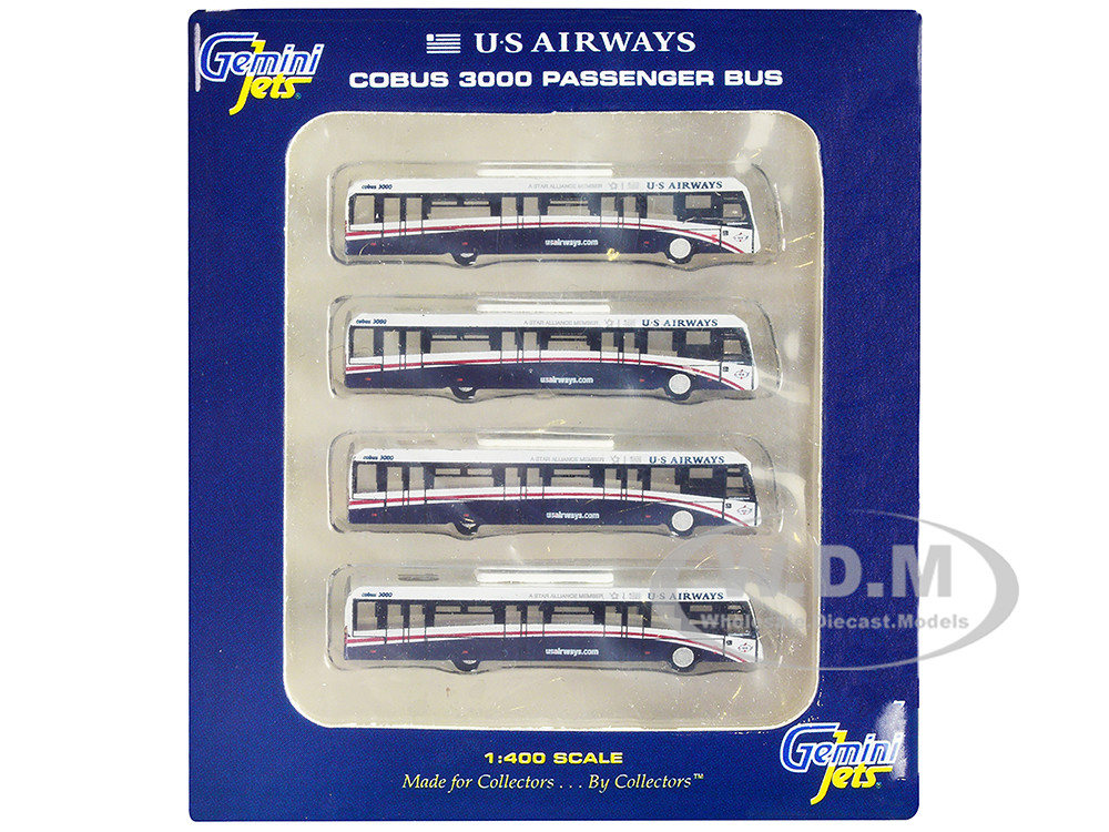 Cobus 3000 Passenger Bus White and Blue "US Airways Shuttle Bus" 4 Piece Set 1/400 Diecast Models by GeminiJets diecast model