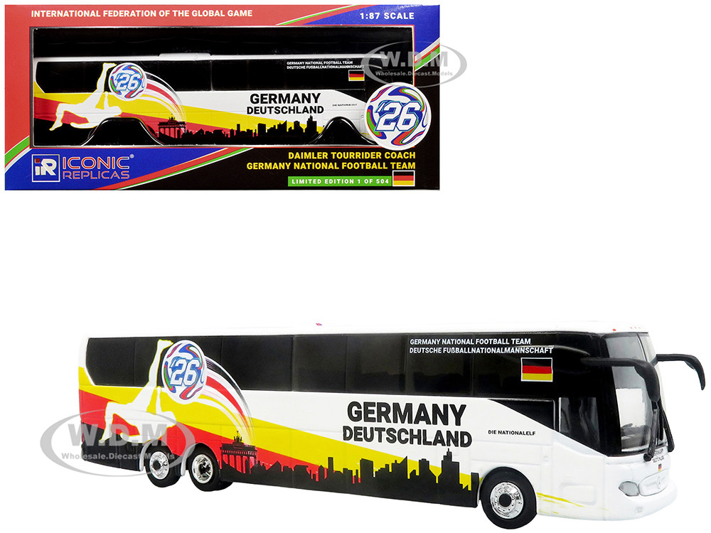 Daimler Tourrider Coach Bus "Germany National Football Team" White with Graphics "International Federation of the Global Game" Series Limited Edition to 504 pieces Worldwide 1/87 (HO) Diecast Model by Iconic Replicas diecast model