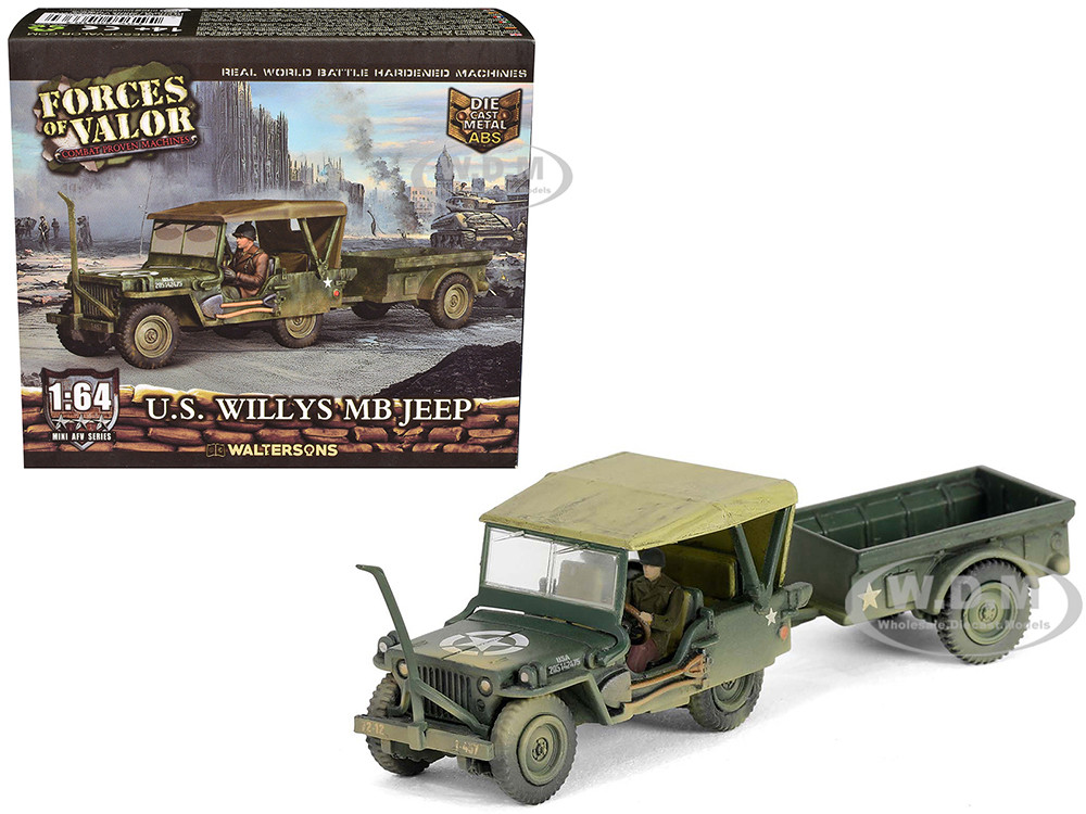 Willys MB Jeep with Trailer Olive Drab (Weathered) with Driver Figure "United States Army" "Mini AFV" Series 1/64 Diecast Model by Forces of Valor diecast model