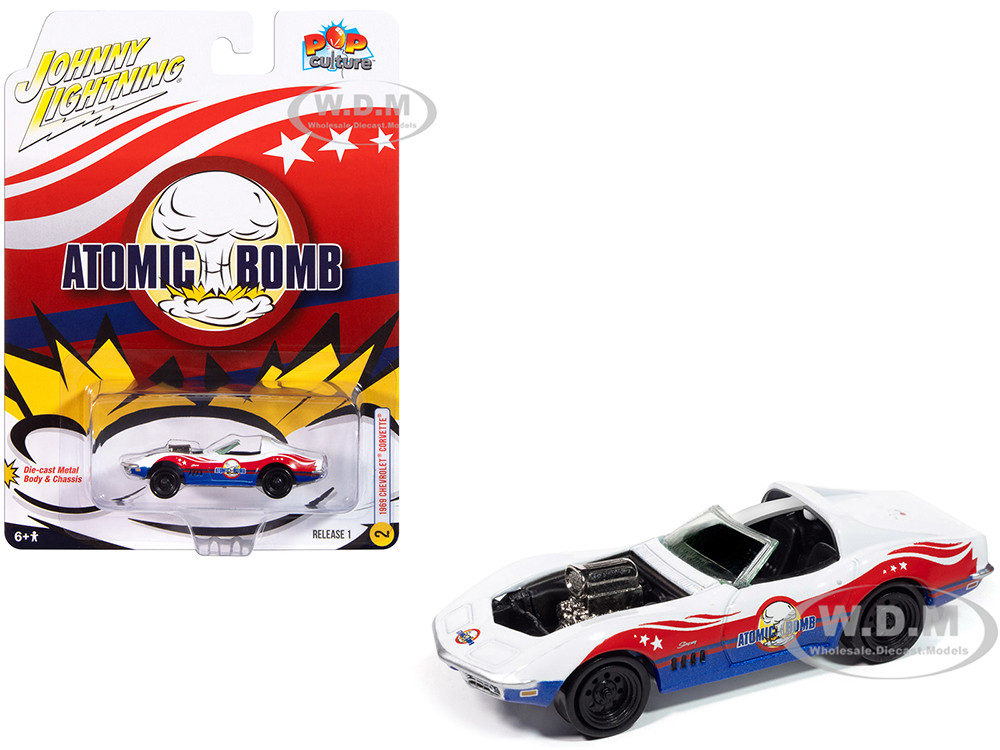 1969 Chevrolet Corvette "Atomic Bomb" White with Red and Blue Graphics "Stuntman Mike's Ride Along Racing" "Pop Culture" 2025 Release 1 1/64 Diecast Model Car by Johnny Lightning diecast model